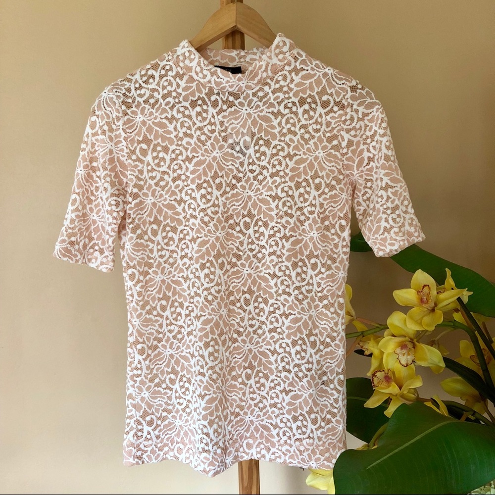 NWT Nude & White Sheer Lace Design Top